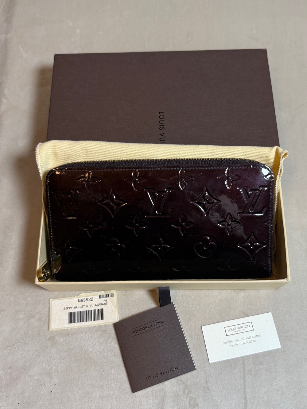 Louis Vuitton Zippy Wallet Monogram Vernis Amarante M93522 Box Dust Bag